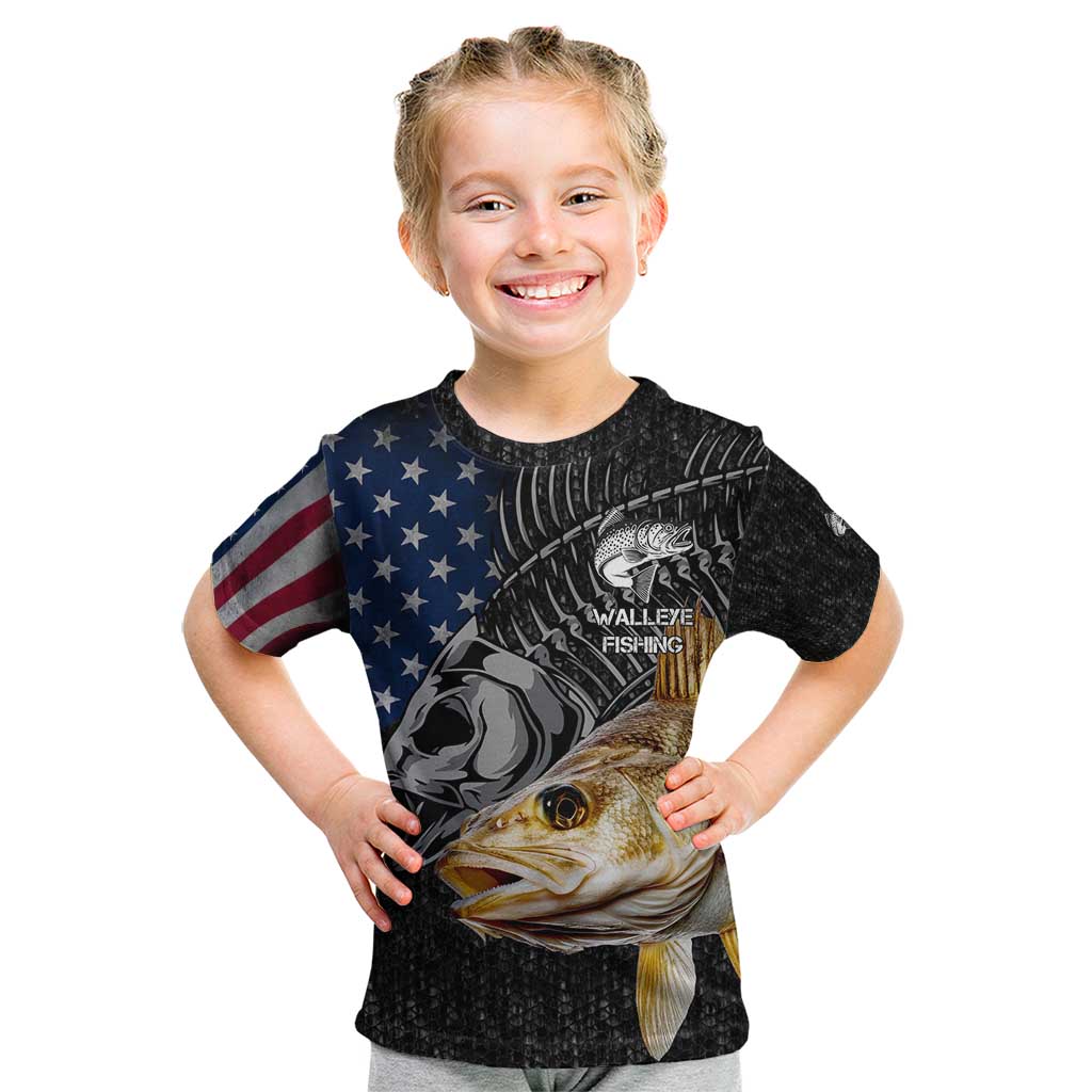 Walleye Fishing Skeleton Personalized Kid T Shirt Grunge American Flag and Realistic Fish Graphic - Wonder Print Shop