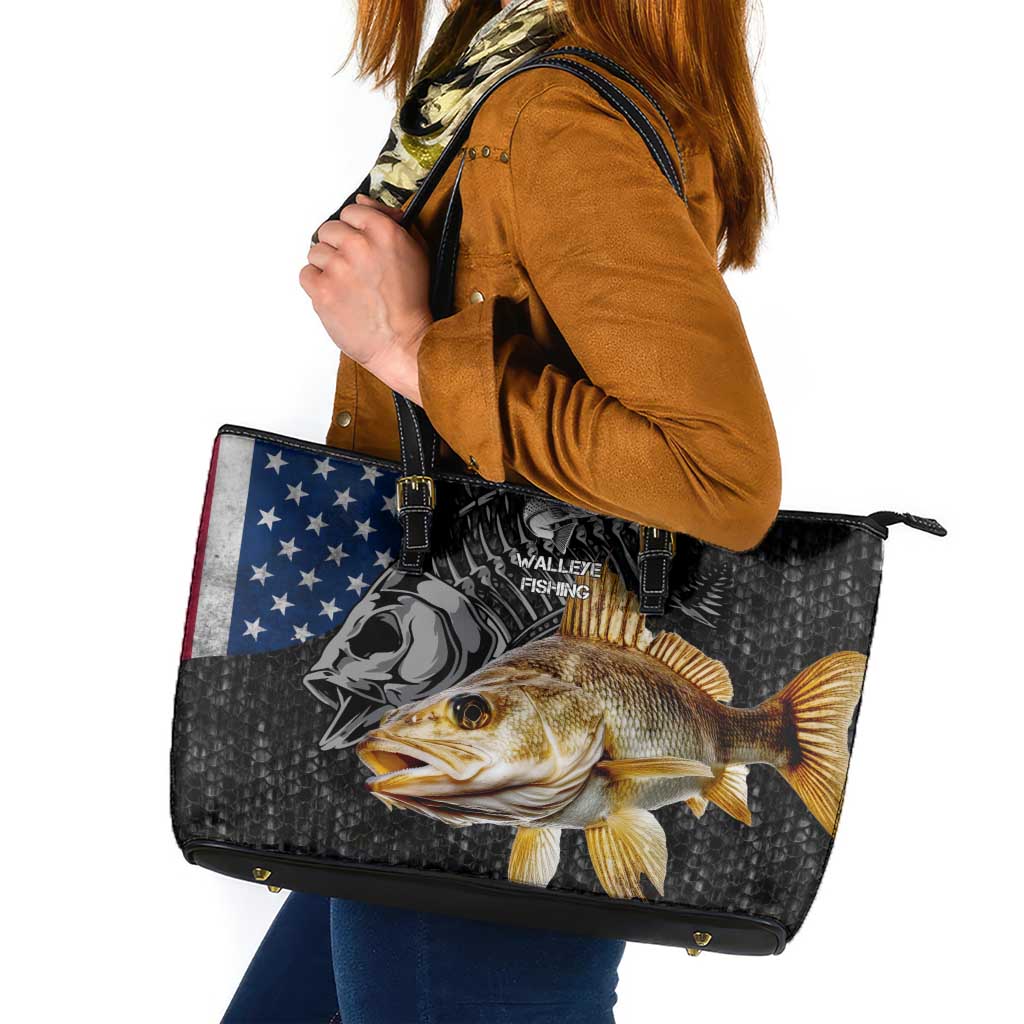 Walleye Fishing Skeleton Personalized Leather Tote Bag Grunge American Flag and Realistic Fish Graphic - Wonder Print Shop