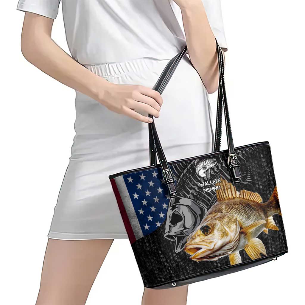 Walleye Fishing Skeleton Personalized Leather Tote Bag Grunge American Flag and Realistic Fish Graphic - Wonder Print Shop
