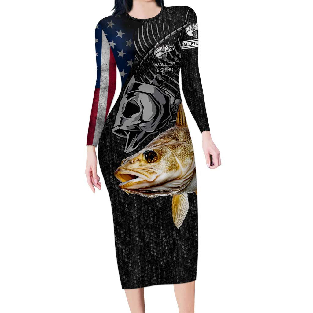 Walleye Fishing Skeleton Personalized Long Sleeve Bodycon Dress Grunge American Flag and Realistic Fish Graphic - Wonder Print Shop