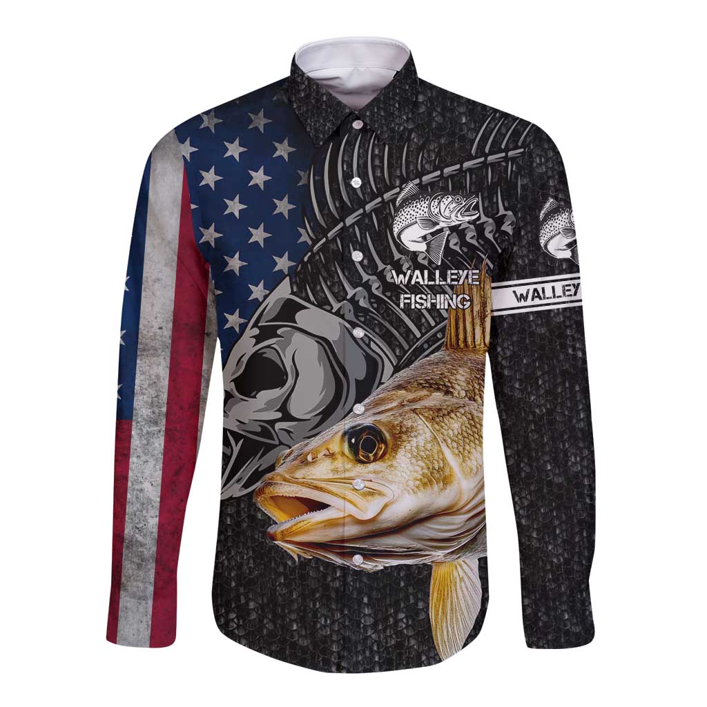 Walleye Fishing Skeleton Personalized Long Sleeve Button Shirt Grunge American Flag and Realistic Fish Graphic - Wonder Print Shop