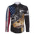 Walleye Fishing Skeleton Personalized Long Sleeve Button Shirt Grunge American Flag and Realistic Fish Graphic - Wonder Print Shop