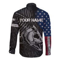 Walleye Fishing Skeleton Personalized Long Sleeve Button Shirt Grunge American Flag and Realistic Fish Graphic - Wonder Print Shop