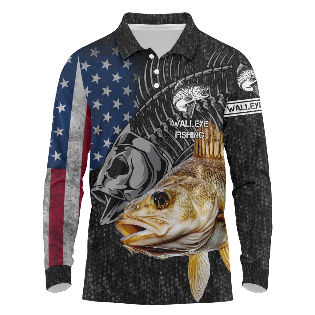 Walleye Fishing Skeleton Personalized Long Sleeve Polo Shirt Grunge American Flag and Realistic Fish Graphic - Wonder Print Shop