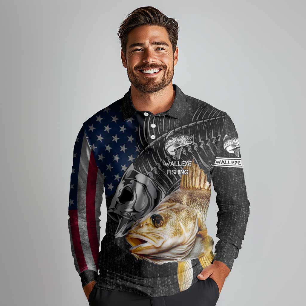 Walleye Fishing Skeleton Personalized Long Sleeve Polo Shirt Grunge American Flag and Realistic Fish Graphic - Wonder Print Shop