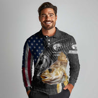 Walleye Fishing Skeleton Personalized Long Sleeve Polo Shirt Grunge American Flag and Realistic Fish Graphic - Wonder Print Shop