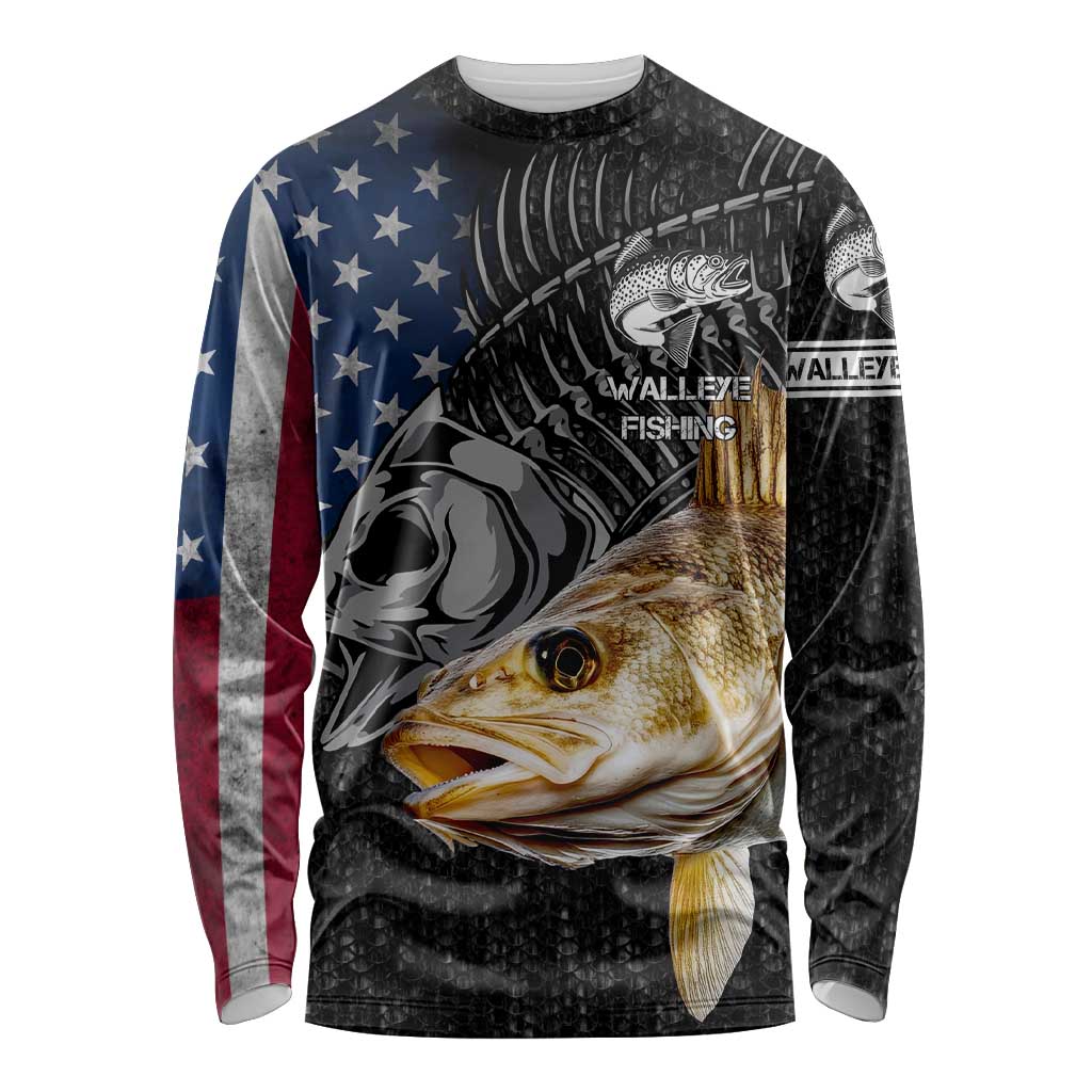 Walleye Fishing Skeleton Personalized Long Sleeve Shirt Grunge American Flag and Realistic Fish Graphic - Wonder Print Shop