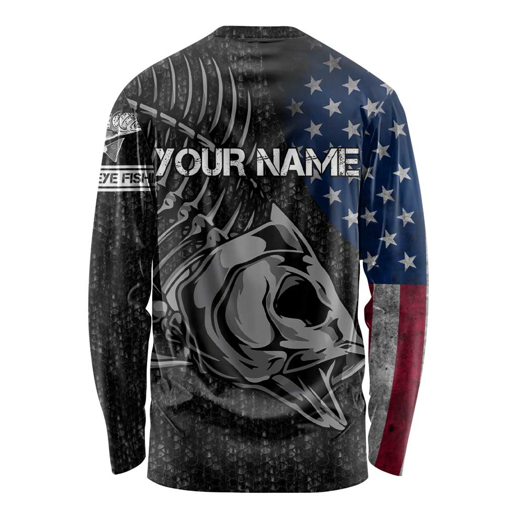 Walleye Fishing Skeleton Personalized Long Sleeve Shirt Grunge American Flag and Realistic Fish Graphic - Wonder Print Shop