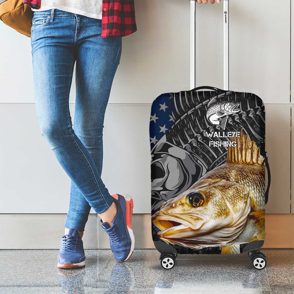 Walleye Fishing Skeleton Personalized Luggage Cover Grunge American Flag and Realistic Fish Graphic - Wonder Print Shop
