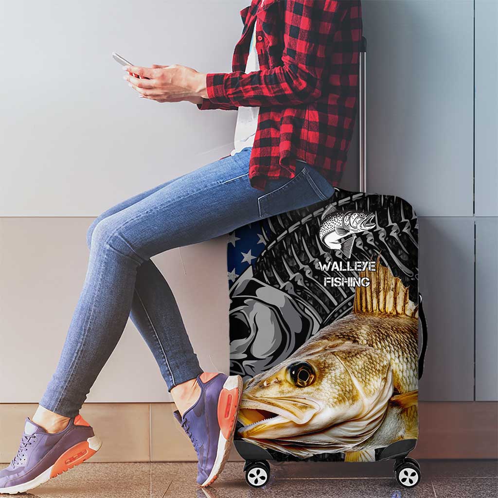 Walleye Fishing Skeleton Personalized Luggage Cover Grunge American Flag and Realistic Fish Graphic - Wonder Print Shop