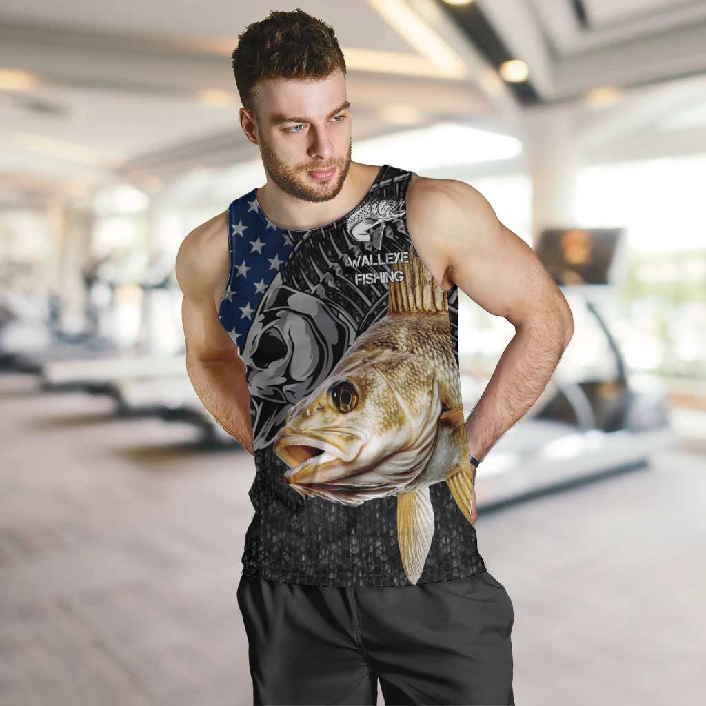 Walleye Fishing Skeleton Personalized Men Tank Top Grunge American Flag and Realistic Fish Graphic - Wonder Print Shop