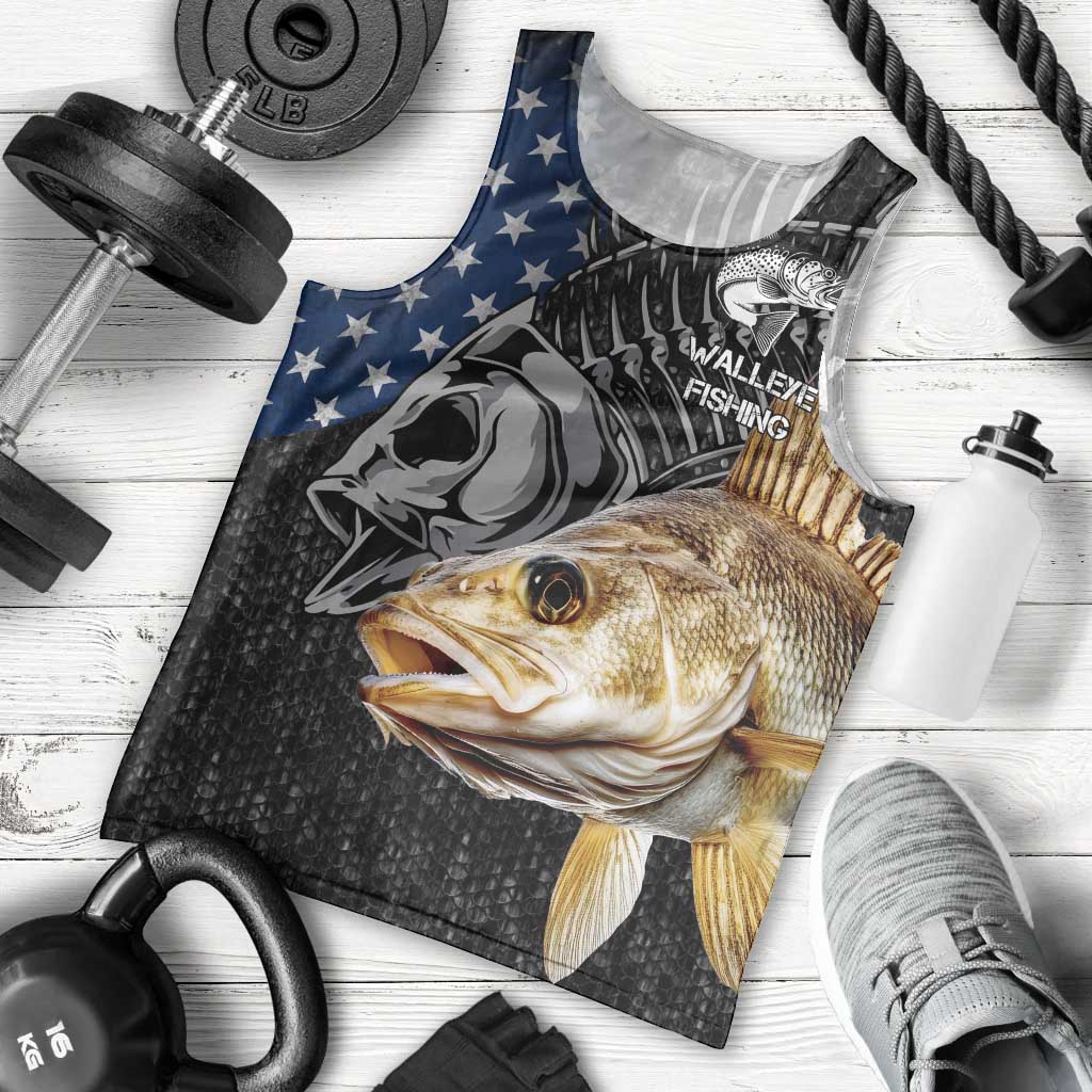 Walleye Fishing Skeleton Personalized Men Tank Top Grunge American Flag and Realistic Fish Graphic - Wonder Print Shop