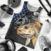 Walleye Fishing Skeleton Personalized Men Tank Top Grunge American Flag and Realistic Fish Graphic - Wonder Print Shop
