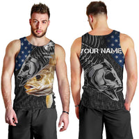 Walleye Fishing Skeleton Personalized Men Tank Top Grunge American Flag and Realistic Fish Graphic - Wonder Print Shop