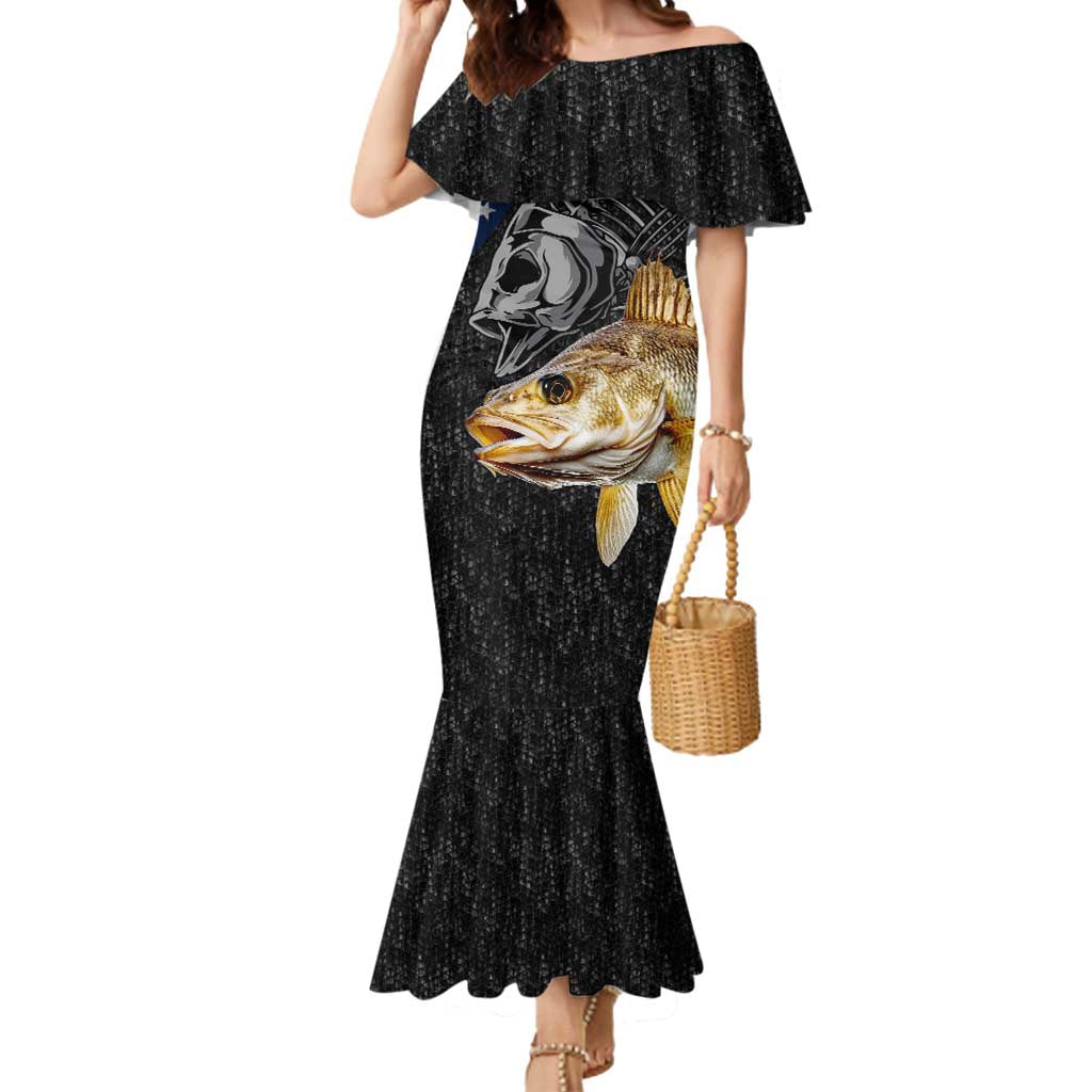 Walleye Fishing Skeleton Personalized Mermaid Dress Grunge American Flag and Realistic Fish Graphic - Wonder Print Shop