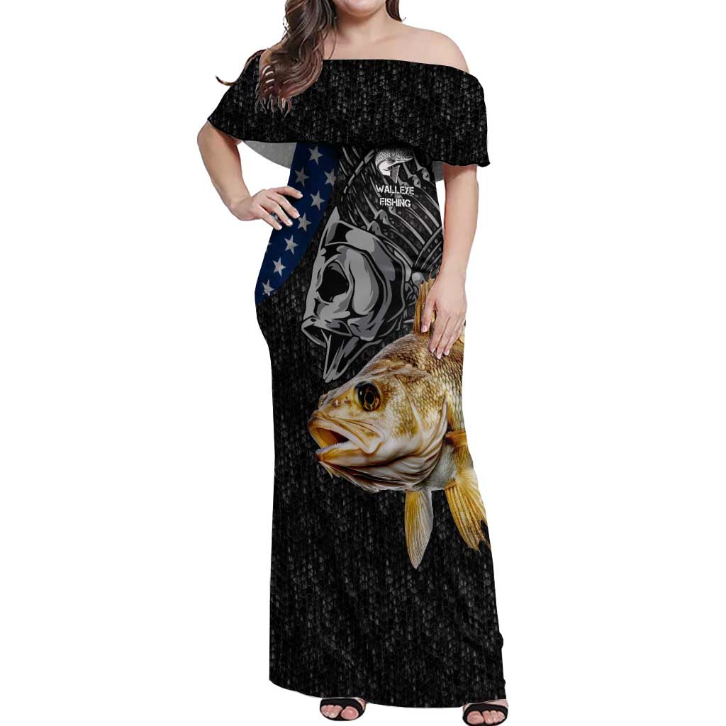 Walleye Fishing Skeleton Personalized Off Shoulder Maxi Dress Grunge American Flag and Realistic Fish Graphic - Wonder Print Shop