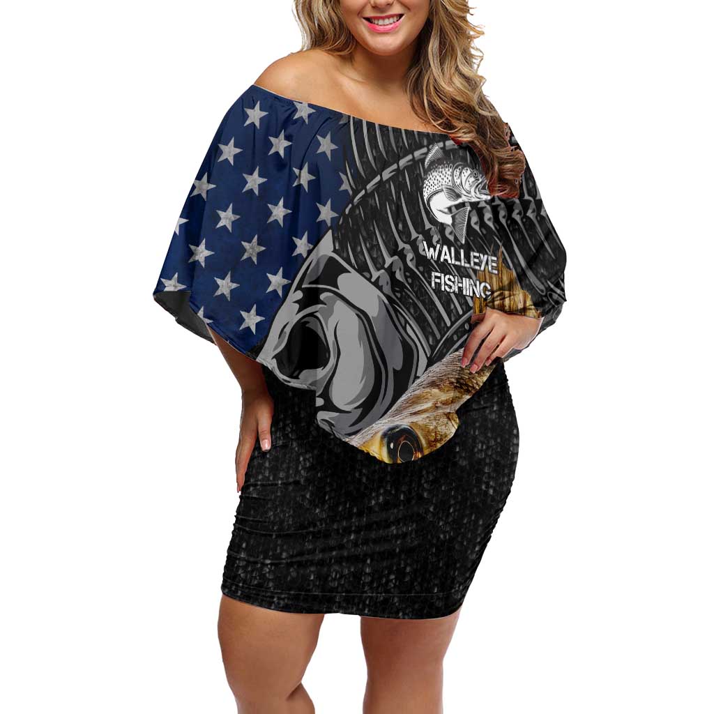 Walleye Fishing Skeleton Personalized Off Shoulder Short Dress Grunge American Flag and Realistic Fish Graphic - Wonder Print Shop