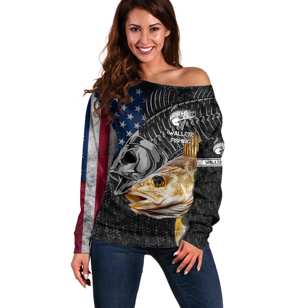 Walleye Fishing Skeleton Personalized Off Shoulder Sweater Grunge American Flag and Realistic Fish Graphic - Wonder Print Shop