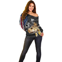 Walleye Fishing Skeleton Personalized Off Shoulder Sweater Grunge American Flag and Realistic Fish Graphic - Wonder Print Shop
