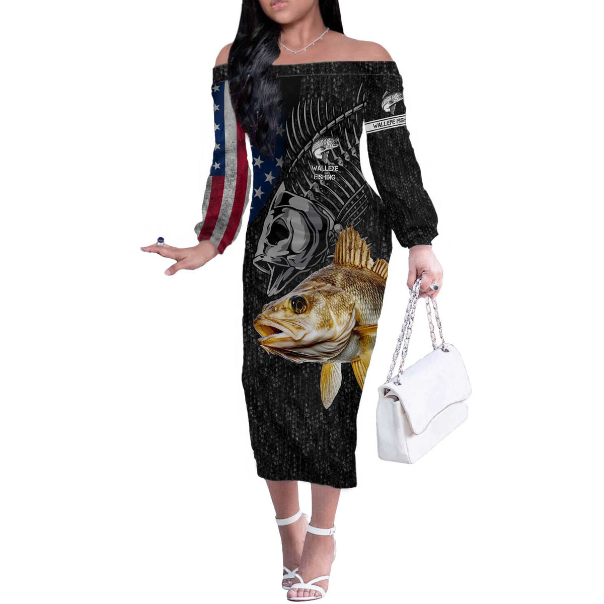 Walleye Fishing Skeleton Personalized Off The Shoulder Long Sleeve Dress Grunge American Flag and Realistic Fish Graphic - Wonder Print Shop