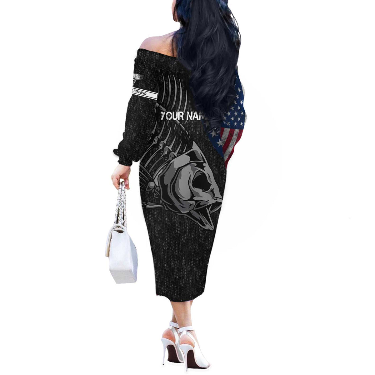 Walleye Fishing Skeleton Personalized Off The Shoulder Long Sleeve Dress Grunge American Flag and Realistic Fish Graphic - Wonder Print Shop