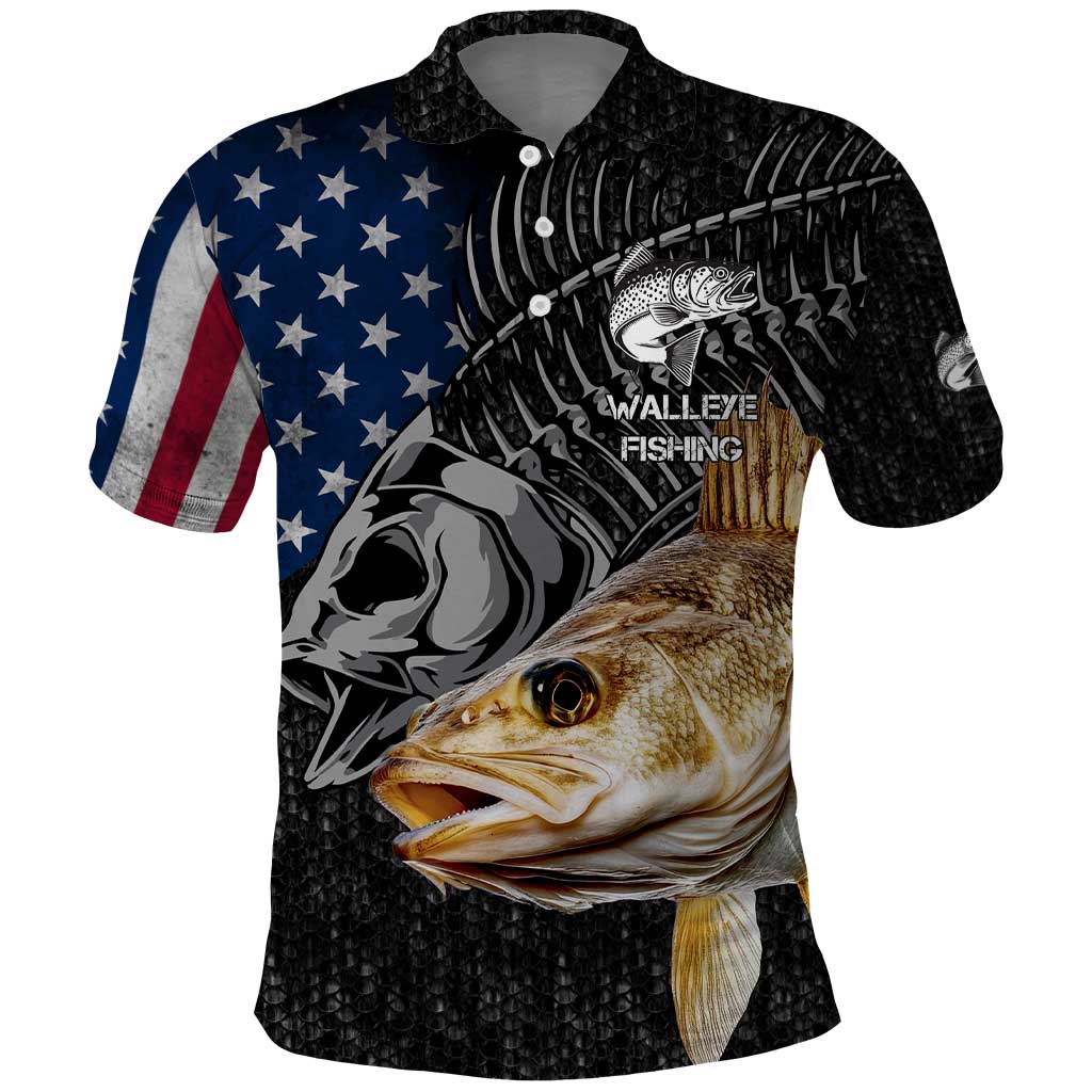 Walleye Fishing Skeleton Personalized Polo Shirt Grunge American Flag and Realistic Fish Graphic - Wonder Print Shop