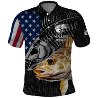 Walleye Fishing Skeleton Personalized Polo Shirt Grunge American Flag and Realistic Fish Graphic - Wonder Print Shop