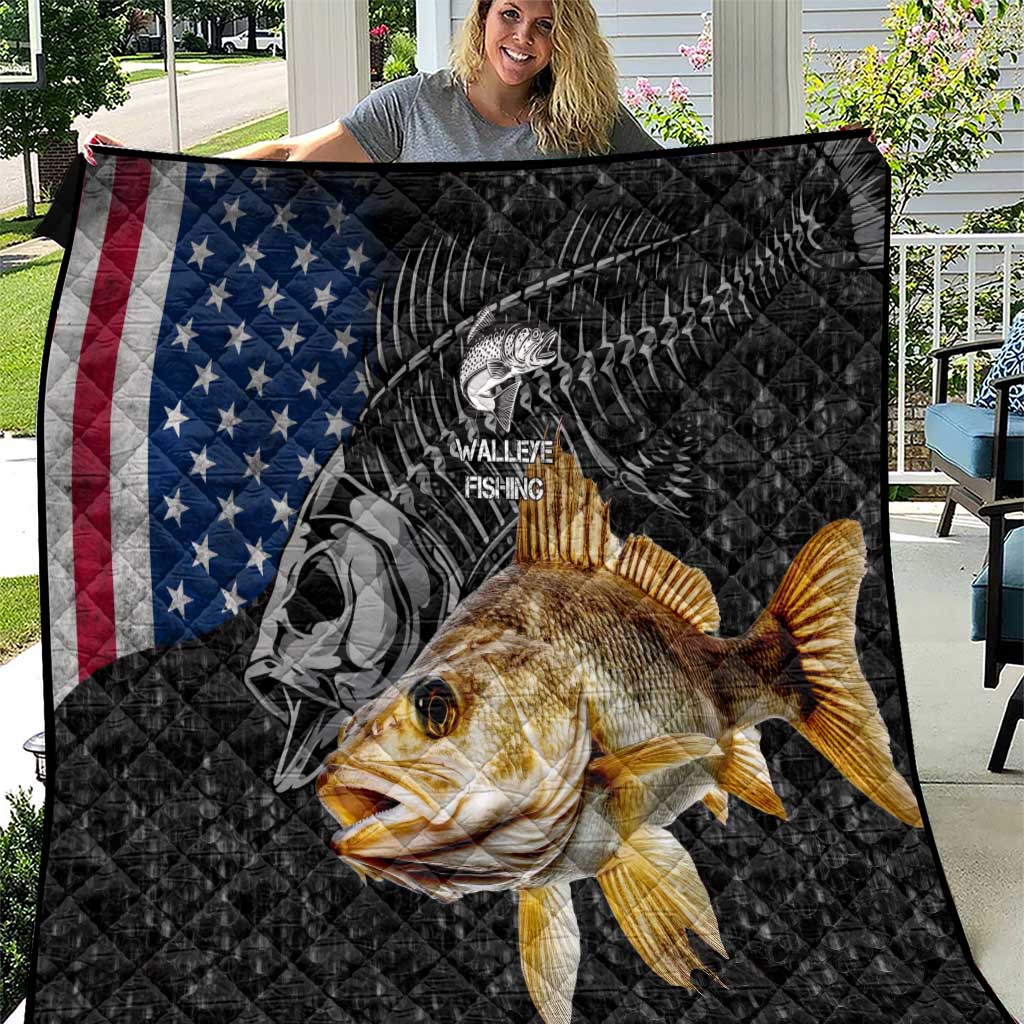 Walleye Fishing Skeleton Personalized Quilt Grunge American Flag and Realistic Fish Graphic - Wonder Print Shop