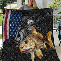 Walleye Fishing Skeleton Personalized Quilt Grunge American Flag and Realistic Fish Graphic - Wonder Print Shop