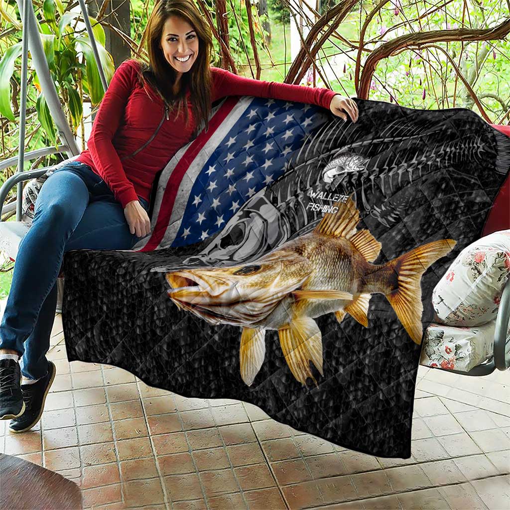 Walleye Fishing Skeleton Personalized Quilt Grunge American Flag and Realistic Fish Graphic - Wonder Print Shop