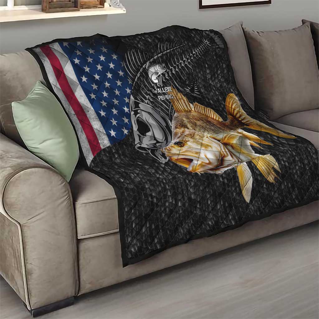 Walleye Fishing Skeleton Personalized Quilt Grunge American Flag and Realistic Fish Graphic - Wonder Print Shop