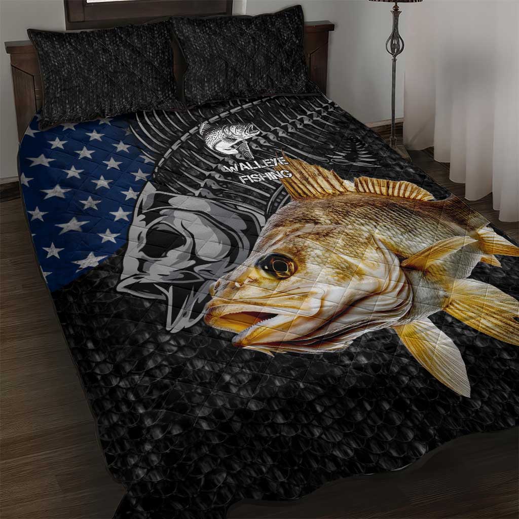 Walleye Fishing Skeleton Personalized Quilt Bed Set Grunge American Flag and Realistic Fish Graphic - Wonder Print Shop