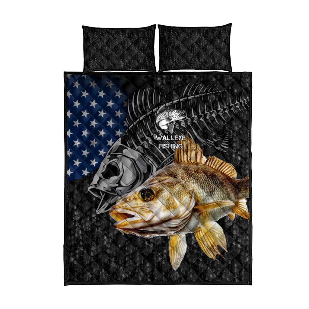 Walleye Fishing Skeleton Personalized Quilt Bed Set Grunge American Flag and Realistic Fish Graphic - Wonder Print Shop