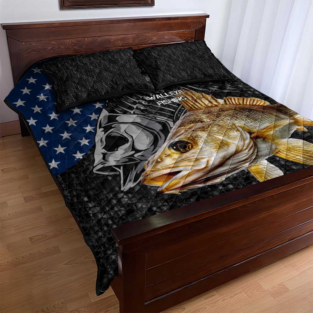 Walleye Fishing Skeleton Personalized Quilt Bed Set Grunge American Flag and Realistic Fish Graphic - Wonder Print Shop