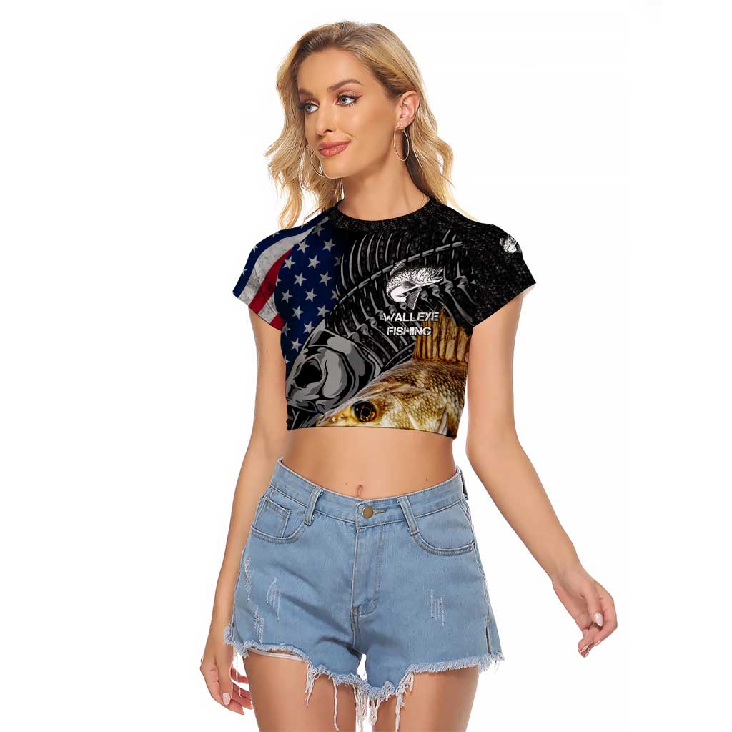 Walleye Fishing Skeleton Personalized Raglan Cropped T Shirt Grunge American Flag and Realistic Fish Graphic - Wonder Print Shop