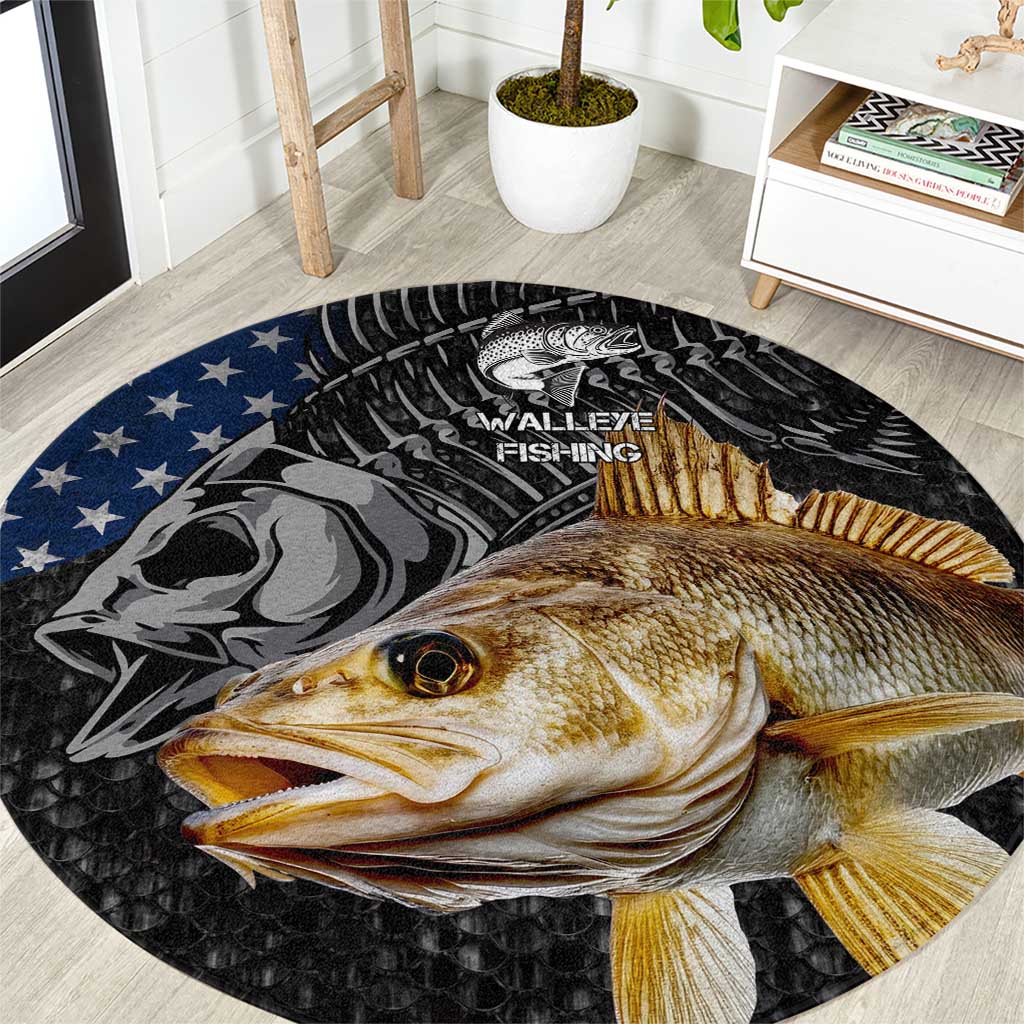 Walleye Fishing Skeleton Personalized Round Carpet Grunge American Flag and Realistic Fish Graphic - Wonder Print Shop