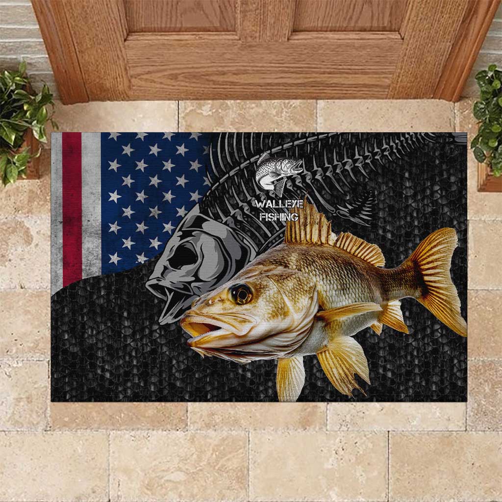 Walleye Fishing Skeleton Personalized Rubber Doormat Grunge American Flag and Realistic Fish Graphic - Wonder Print Shop