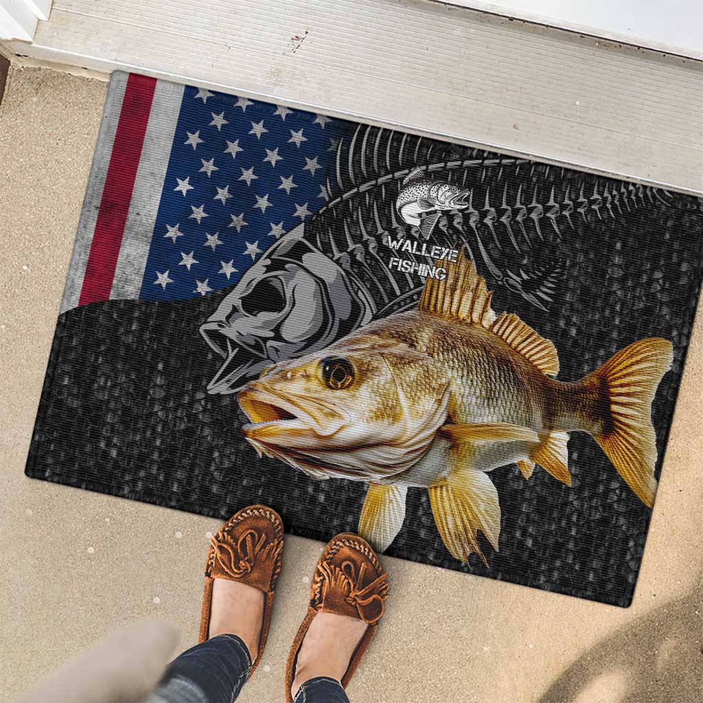 Walleye Fishing Skeleton Personalized Rubber Doormat Grunge American Flag and Realistic Fish Graphic - Wonder Print Shop