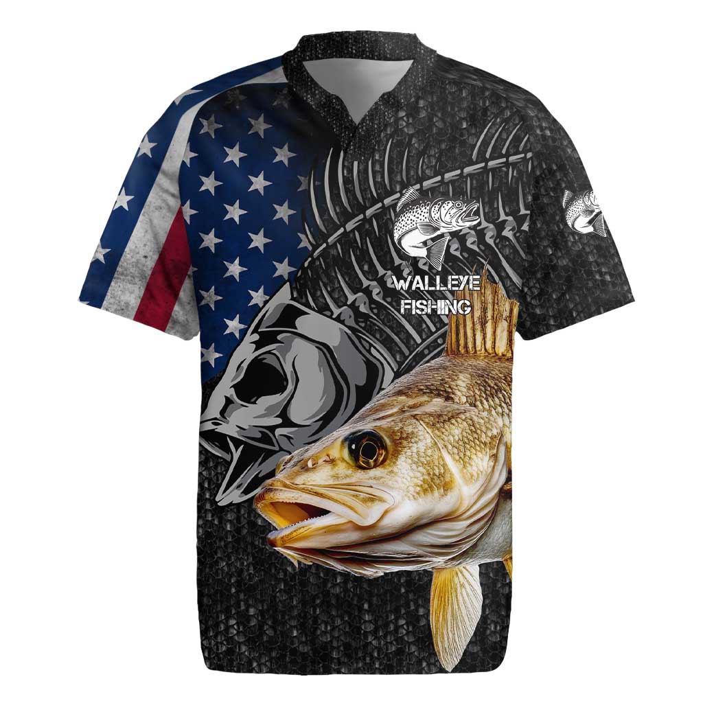 Walleye Fishing Skeleton Personalized Rugby Jersey Grunge American Flag and Realistic Fish Graphic - Wonder Print Shop
