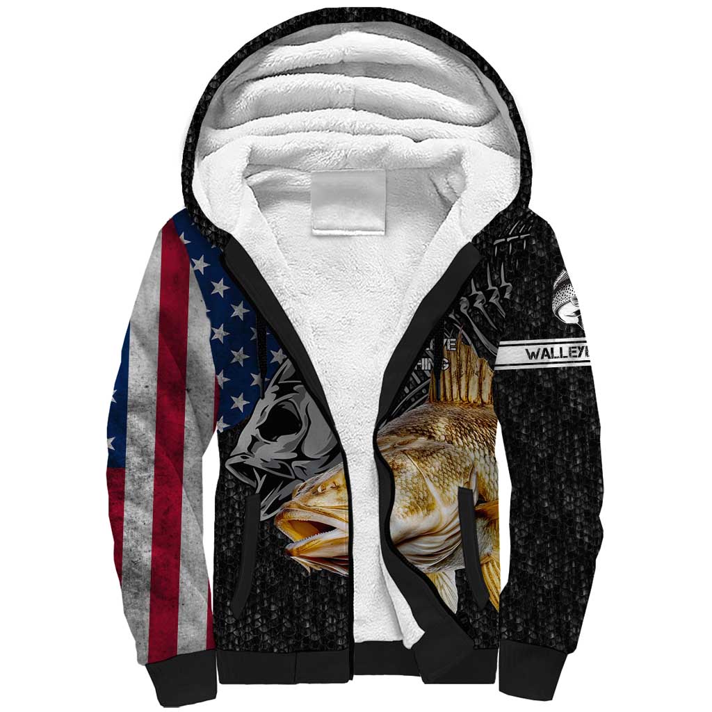 Walleye Fishing Skeleton Personalized Sherpa Hoodie Grunge American Flag and Realistic Fish Graphic - Wonder Print Shop