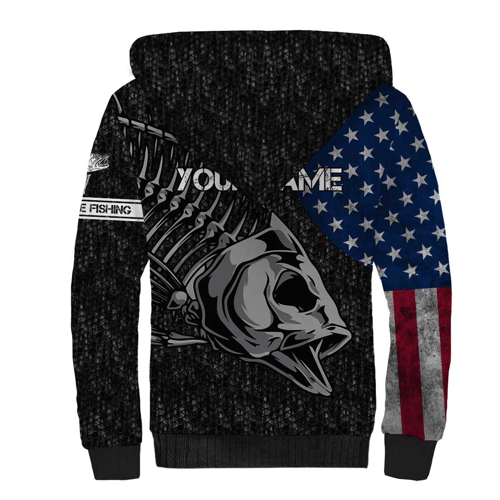 Walleye Fishing Skeleton Personalized Sherpa Hoodie Grunge American Flag and Realistic Fish Graphic - Wonder Print Shop