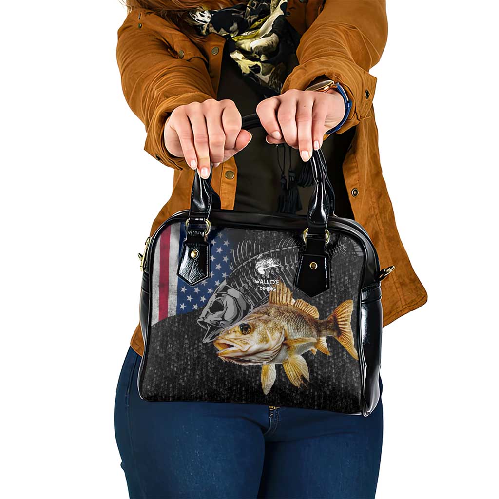 Walleye Fishing Skeleton Personalized Shoulder Handbag Grunge American Flag and Realistic Fish Graphic - Wonder Print Shop