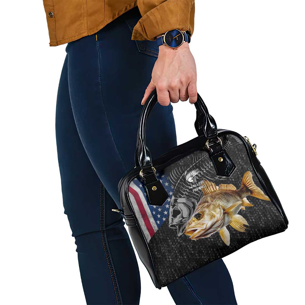 Walleye Fishing Skeleton Personalized Shoulder Handbag Grunge American Flag and Realistic Fish Graphic - Wonder Print Shop