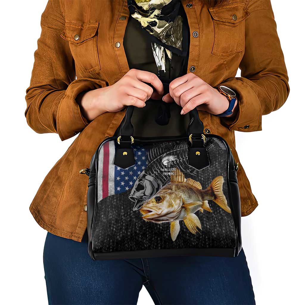 Walleye Fishing Skeleton Personalized Shoulder Handbag Grunge American Flag and Realistic Fish Graphic - Wonder Print Shop