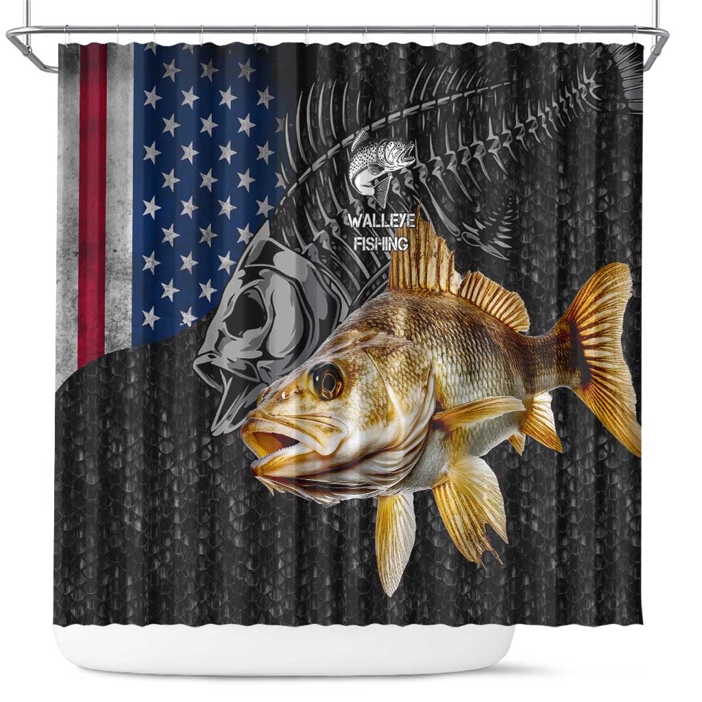 Walleye Fishing Skeleton Personalized Shower Curtain Grunge American Flag and Realistic Fish Graphic - Wonder Print Shop