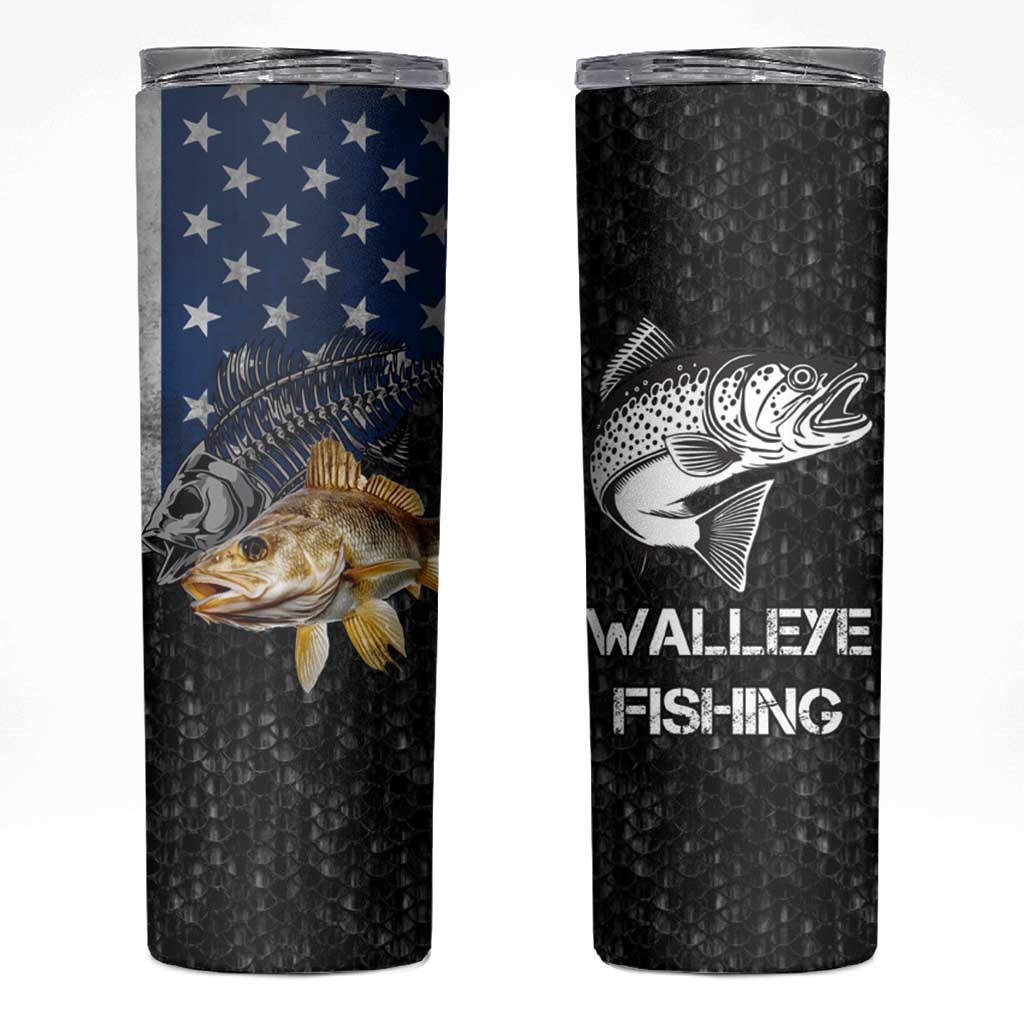 Walleye Fishing Skeleton Personalized Skinny Tumbler Grunge American Flag and Realistic Fish Graphic - Wonder Print Shop
