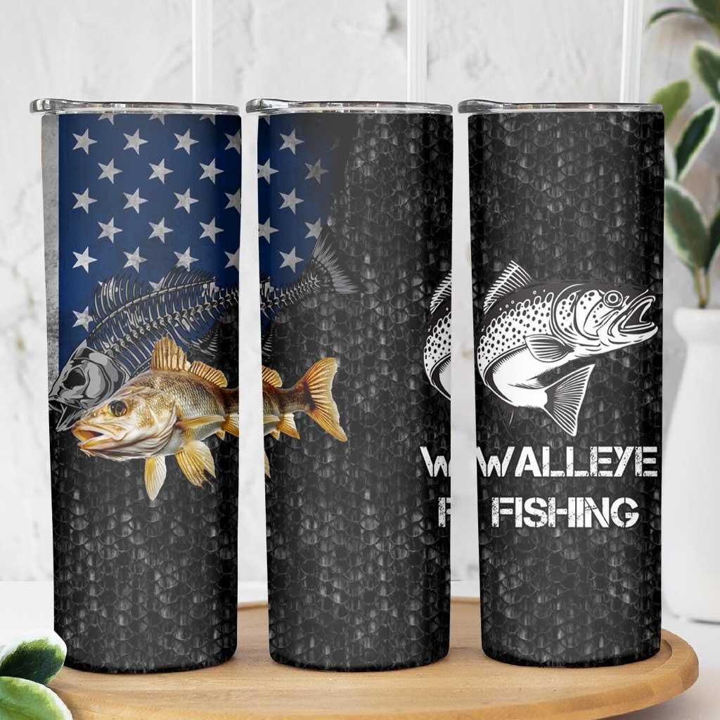 Walleye Fishing Skeleton Personalized Skinny Tumbler Grunge American Flag and Realistic Fish Graphic - Wonder Print Shop