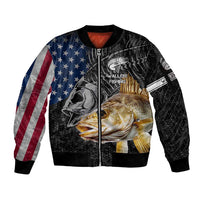 Walleye Fishing Skeleton Personalized Sleeve Zip Bomber Jacket Grunge American Flag and Realistic Fish Graphic - Wonder Print Shop