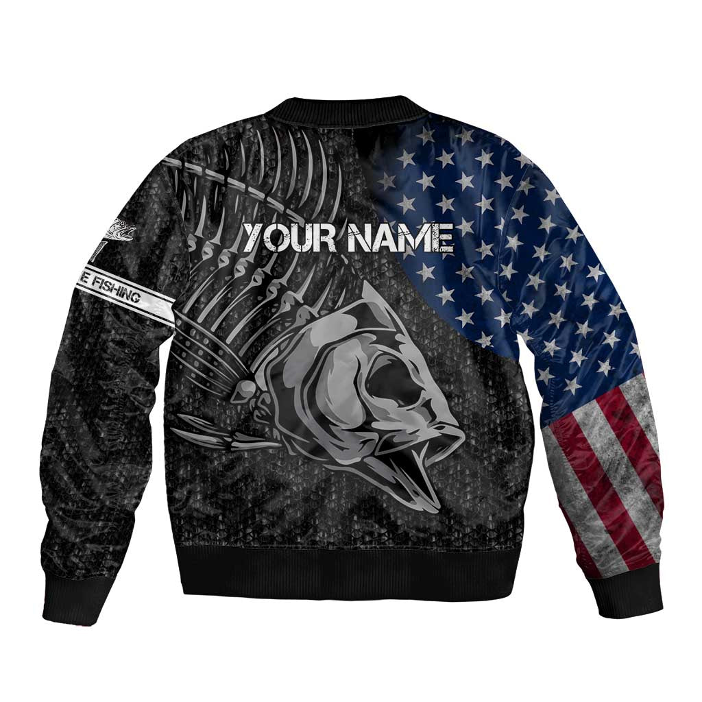Walleye Fishing Skeleton Personalized Sleeve Zip Bomber Jacket Grunge American Flag and Realistic Fish Graphic - Wonder Print Shop