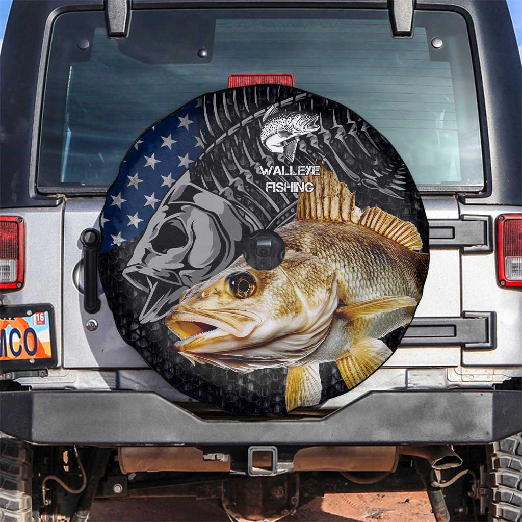 Walleye Fishing Skeleton Personalized Spare Tire Cover Grunge American Flag and Realistic Fish Graphic - Wonder Print Shop